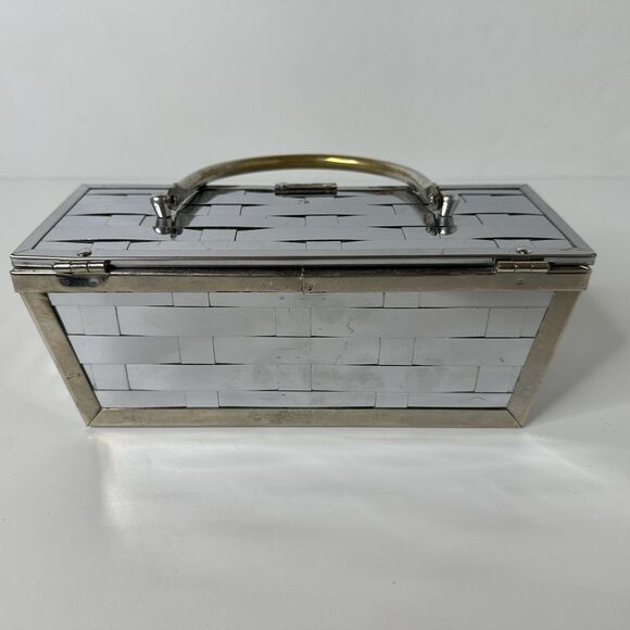 Vintage MCM Box Purse Basket Weave Silver Tone Chrome Metal Handle 50s Handbag - Picture 3 of 16